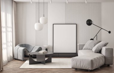 Oturma odasının duvarında mutfak ve yemek odası olan bir poster çerçevesi. Çağdaş tasarımı olan lüks bir apartman. Modern iç tasarım. 3B görüntüleme, 3B illüstrasyon.