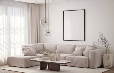 Oturma odasının duvarında poster çerçevesi var. Çağdaş tasarımı olan lüks bir apartman. Modern iç tasarım. 3B görüntüleme, 3B illüstrasyon.