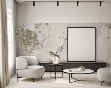 Oturma odasının duvarında poster çerçevesi var. Çağdaş tasarımı olan lüks bir apartman. Modern iç tasarım. 3B görüntüleme, 3B illüstrasyon.