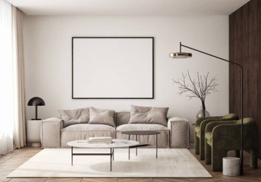Oturma odasının duvarında poster çerçevesi var. Çağdaş tasarımı olan lüks bir apartman. Modern iç tasarım. 3B görüntüleme, 3B illüstrasyon.