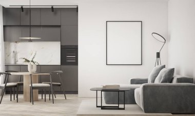 Oturma odasının duvarında poster çerçevesi var. Çağdaş tasarımı olan lüks bir apartman. Modern iç tasarım. 3B görüntüleme, 3B illüstrasyon.