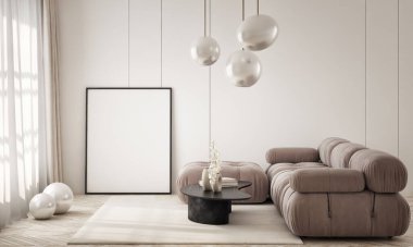 Oturma odasının duvarında poster çerçevesi var. Çağdaş tasarımı olan lüks bir apartman. Modern iç tasarım. 3B görüntüleme, 3B illüstrasyon.