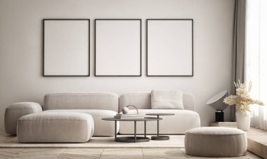 Oturma odasının duvarında poster çerçevesi var. Çağdaş tasarımı olan lüks bir apartman. Modern iç tasarım. 3B görüntüleme, 3B illüstrasyon.