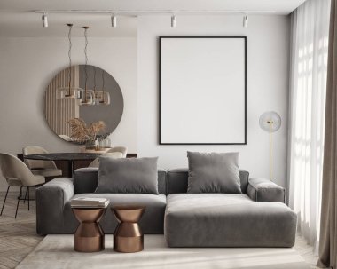 Oturma odasının duvarında poster çerçevesi var. Çağdaş tasarımı olan lüks bir apartman. Modern iç tasarım. 3B görüntüleme, 3B illüstrasyon.