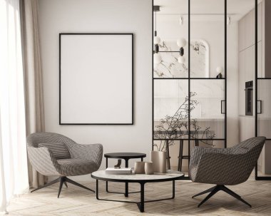 Oturma odasının duvarında poster çerçevesi var. Çağdaş tasarımı olan lüks bir apartman. Modern iç tasarım. 3B görüntüleme, 3B illüstrasyon.