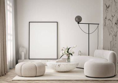 Oturma odasının duvarında poster çerçevesi var. Çağdaş tasarımı olan lüks bir apartman. Modern iç tasarım. 3B görüntüleme, 3B illüstrasyon.