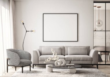 Oturma odasının duvarında poster çerçevesi var. Çağdaş tasarımı olan lüks bir apartman. Modern iç tasarım. 3B görüntüleme, 3B illüstrasyon.