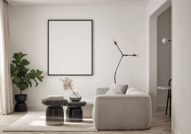 Oturma odasının duvarında mutfak ve yemek odası olan bir poster çerçevesi. Çağdaş tasarımı olan lüks bir apartman. Modern iç tasarım. 3B görüntüleme, 3B illüstrasyon.