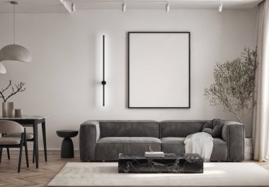 Oturma odasının duvarında mutfak ve yemek odası olan bir poster çerçevesi. Çağdaş tasarımı olan lüks bir apartman. Modern iç tasarım. 3B görüntüleme, 3B illüstrasyon.