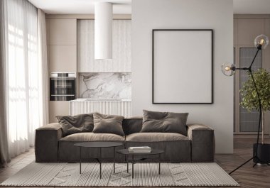 Oturma odasının duvarında mutfak ve yemek odası olan bir poster çerçevesi. Çağdaş tasarımı olan lüks bir apartman. Modern iç tasarım. 3B görüntüleme, 3B illüstrasyon.
