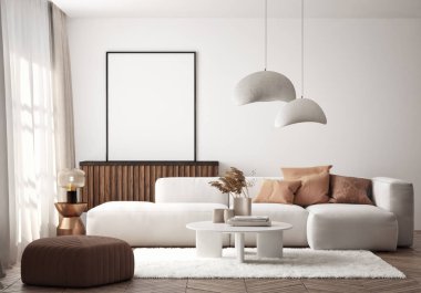 Oturma odasının duvarında poster çerçevesi var. Çağdaş tasarımı olan lüks bir apartman. Modern iç tasarım. 3B görüntüleme, 3B illüstrasyon.