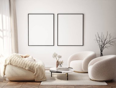Oturma odasının duvarında poster çerçevesi var. Çağdaş tasarımı olan lüks bir apartman. Modern iç tasarım. 3B görüntüleme, 3B illüstrasyon.