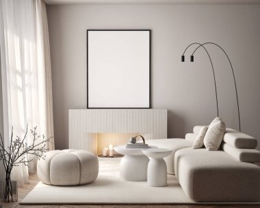 Oturma odasının duvarında poster çerçevesi var. Çağdaş tasarımı olan lüks bir apartman. Modern iç tasarım. 3B görüntüleme, 3B illüstrasyon.