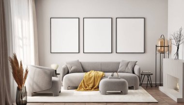 Oturma odasının duvarında şömineli bir poster çerçevesi. Çağdaş tasarımı olan lüks bir apartman. Modern iç tasarım. 3B görüntüleme, 3B illüstrasyon.