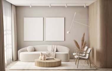 Oturma odasının duvarında poster çerçevesi var. Çağdaş tasarımı olan lüks bir apartman. Modern iç tasarım. 3B görüntüleme, 3B illüstrasyon.