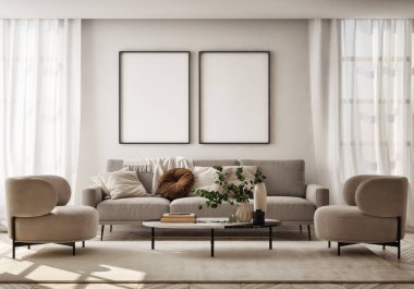 Oturma odasının duvarında poster çerçevesi var. Çağdaş tasarımı olan lüks bir apartman. Modern iç tasarım. 3B görüntüleme, 3B illüstrasyon.