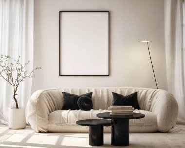 Oturma odasının duvarında poster çerçevesi var. Çağdaş tasarımı olan lüks bir apartman. Modern iç tasarım. 3B görüntüleme, 3B illüstrasyon.