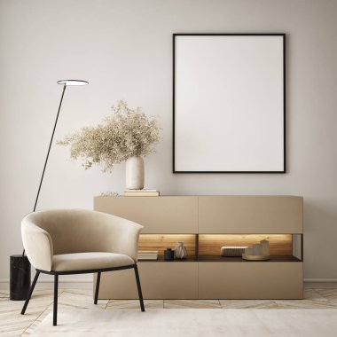Oturma odasının duvarında poster çerçevesi var. Çağdaş tasarımı olan lüks bir apartman. Modern iç tasarım. 3B görüntüleme, 3B illüstrasyon.