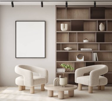 Oturma odasının duvarında poster çerçevesi var. Çağdaş tasarımı olan lüks bir apartman. Modern iç tasarım. 3B görüntüleme, 3B illüstrasyon.