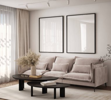 Oturma odasının duvarında poster çerçevesi var. Çağdaş tasarımı olan lüks bir apartman. Modern iç tasarım. 3B görüntüleme, 3B illüstrasyon.