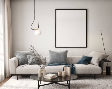 Oturma odasının duvarında poster çerçevesi var. Çağdaş tasarımı olan lüks bir apartman. Modern iç tasarım. 3B görüntüleme, 3B illüstrasyon.