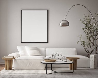 Oturma odasının duvarında poster çerçevesi var. Çağdaş tasarımı olan lüks bir apartman. Modern iç tasarım. 3B görüntüleme, 3B illüstrasyon.