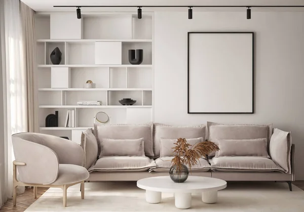 Moldura Cartaz Mockup Parede Sala Estar Apartamento Luxuoso Com Design — Fotografia de Stock