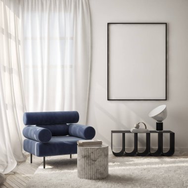 Oturma odasının duvarında poster çerçevesi var. Çağdaş tasarımı olan lüks bir apartman. Modern iç tasarım. 3B görüntüleme, 3B illüstrasyon.