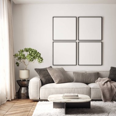 Oturma odasının duvarında poster çerçevesi var. Çağdaş tasarımı olan lüks bir apartman. Modern iç tasarım. 3B görüntüleme, 3B illüstrasyon.