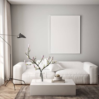 Oturma odasının duvarında poster çerçevesi var. Çağdaş tasarımı olan lüks bir apartman. Modern iç tasarım. 3B görüntüleme, 3B illüstrasyon.