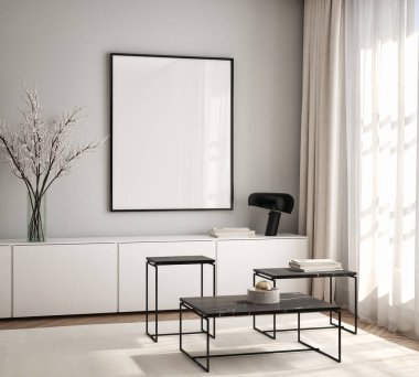 Oturma odasının duvarında poster çerçevesi var. Çağdaş tasarımı olan lüks bir apartman. Modern iç tasarım. 3B görüntüleme, 3B illüstrasyon.