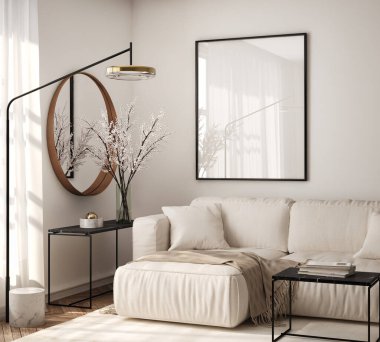 Oturma odasının duvarında poster çerçevesi var. Çağdaş tasarımı olan lüks bir apartman. Modern iç tasarım. 3B görüntüleme, 3B illüstrasyon.