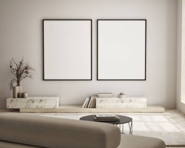 Oturma odasının duvarında poster çerçevesi var. Çağdaş tasarımı olan lüks bir apartman. Modern iç tasarım. 3B görüntüleme, 3B illüstrasyon.