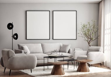 Oturma odasının duvarında poster çerçevesi var. Çağdaş tasarımı olan lüks bir apartman. Modern iç tasarım. 3B görüntüleme, 3B illüstrasyon.