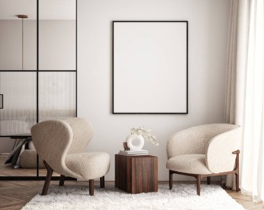 Oturma odasının duvarında poster çerçevesi var. Çağdaş tasarımı olan lüks bir apartman. Modern iç tasarım. 3B görüntüleme, 3B illüstrasyon.