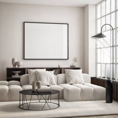 Oturma odasının duvarında poster çerçevesi var. Çağdaş tasarımı olan lüks bir apartman. Modern iç tasarım. 3B görüntüleme, 3B illüstrasyon.
