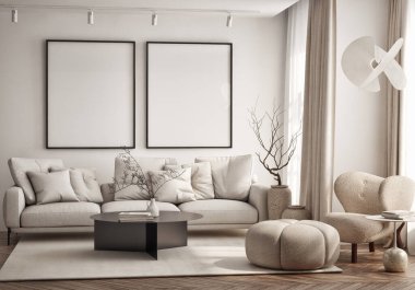 Oturma odasının duvarında poster çerçevesi var. Çağdaş tasarımı olan lüks bir apartman. Modern iç tasarım. 3B görüntüleme, 3B illüstrasyon.