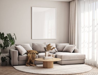 Oturma odasının duvarında poster çerçevesi var. Çağdaş tasarımı olan lüks bir apartman. Modern iç tasarım. 3B görüntüleme, 3B illüstrasyon.