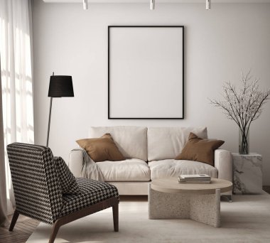 Oturma odasının duvarında poster çerçevesi var. Çağdaş tasarımı olan lüks bir apartman. Modern iç tasarım. 3B görüntüleme, 3B illüstrasyon