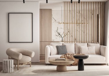 Oturma odasının duvarında poster çerçevesi var. Çağdaş tasarımı olan lüks bir apartman. Modern iç tasarım. 3B görüntüleme, 3B illüstrasyon