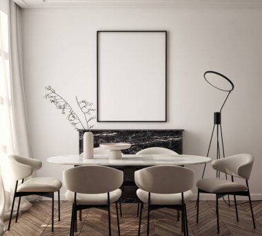 Oturma odasının duvarında poster çerçevesi var. Çağdaş tasarımı olan lüks bir apartman. Modern iç tasarım. 3B görüntüleme, 3B illüstrasyon