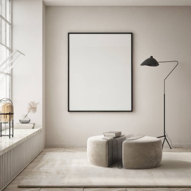 Oturma odasının duvarında poster çerçevesi var. Çağdaş tasarımı olan lüks bir apartman. Modern iç tasarım. 3B görüntüleme, 3B illüstrasyon
