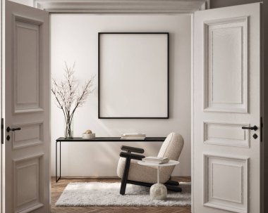 Oturma odasının duvarında poster çerçevesi var. Çağdaş tasarımı olan lüks bir apartman. Modern iç tasarım. 3B görüntüleme, 3B illüstrasyon