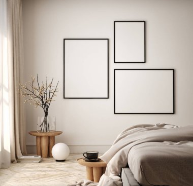 Oturma odasının duvarında poster çerçevesi var. Çağdaş tasarımı olan lüks bir apartman. Modern iç tasarım. 3B görüntüleme, 3B illüstrasyon