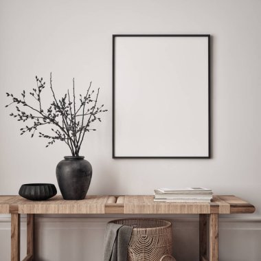 Oturma odasının duvarında poster çerçevesi var. Çağdaş tasarımı olan lüks bir apartman. Modern iç tasarım. 3B görüntüleme, 3B illüstrasyon