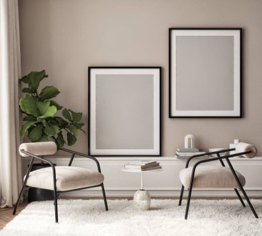 Oturma odasının duvarında poster çerçevesi var. Çağdaş tasarımı olan lüks bir apartman. Modern iç tasarım. 3B görüntüleme, 3B illüstrasyon