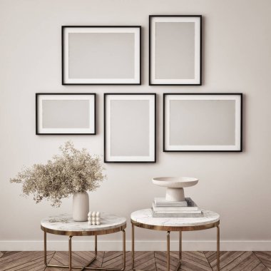 Oturma odasının duvarında poster çerçevesi var. Çağdaş tasarımı olan lüks bir apartman. Modern iç tasarım. 3B görüntüleme, 3B illüstrasyon