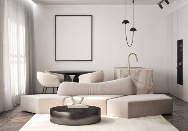 Oturma odasının duvarında poster çerçevesi var. Çağdaş tasarımı olan lüks bir apartman. Modern iç tasarım. 3B görüntüleme, 3B illüstrasyon