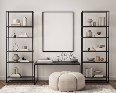 Oturma odasının duvarında poster çerçevesi var. Çağdaş tasarımı olan lüks bir apartman. Modern iç tasarım. 3B görüntüleme, 3B illüstrasyon
