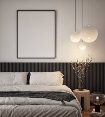 Oturma odasının duvarında poster çerçevesi var. Çağdaş tasarımı olan lüks bir apartman. Modern iç tasarım. 3B görüntüleme, 3B illüstrasyon